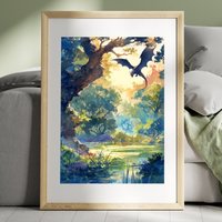 Walddrache Aquarell Kunst Vertikal Poster Druck Fantasy Wald Und Ein Drache Gemälde, Illustration Dark Academia von UncoloredX12