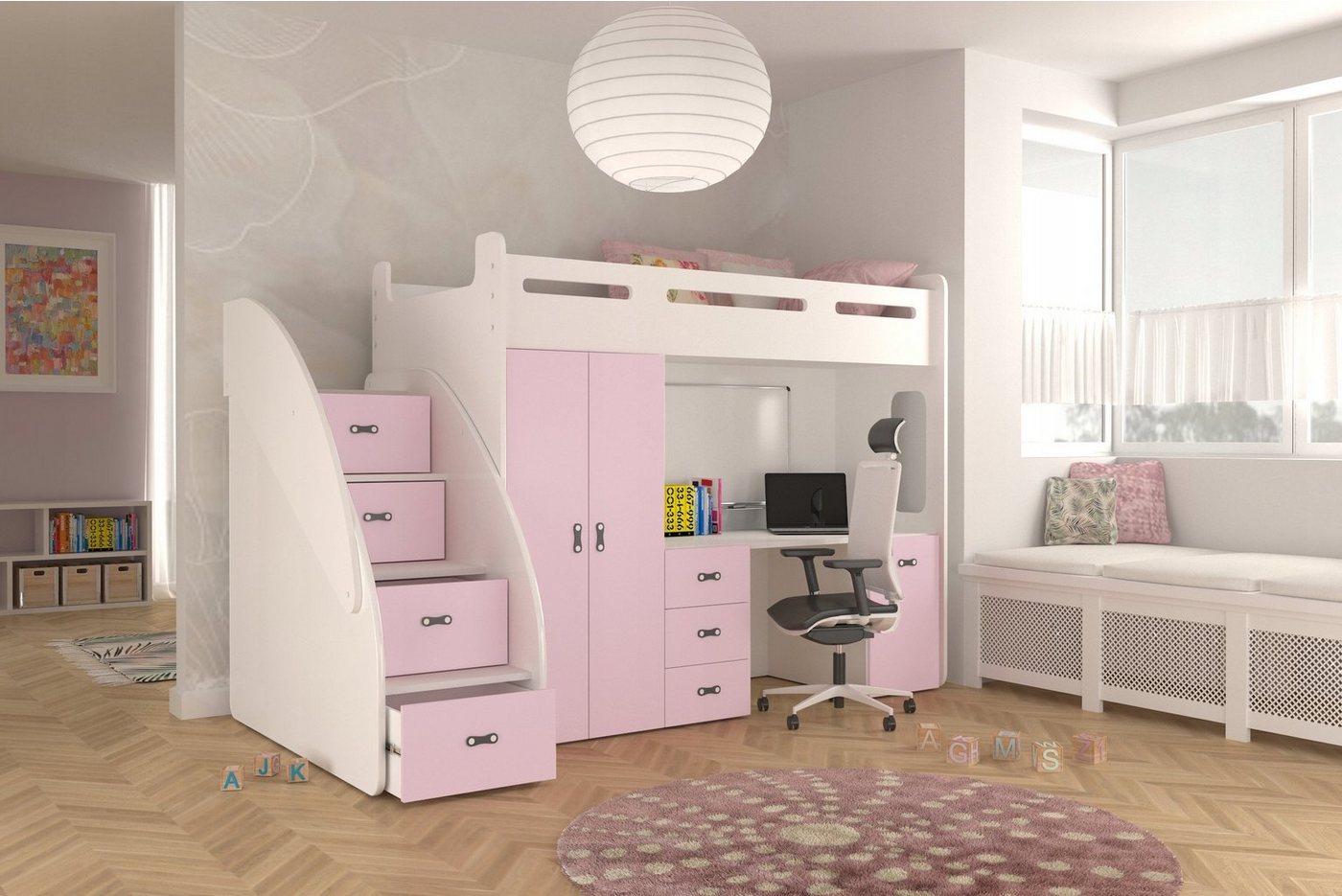 Unique Home Hochbett Hochbett ZU PL mit Matratze, Schreibtisch, Kleiderschrank Farbe wählbar von Unique Home