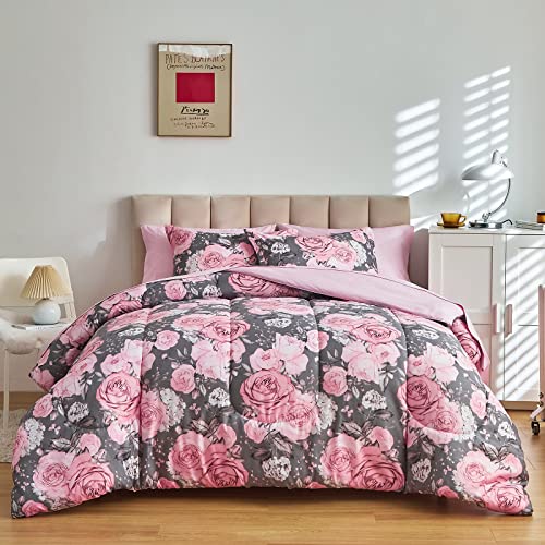 Bettwäsche-Set mit Blumenmuster, graues Bett in einer Tasche, 7-teiliges Queen-Size-Bettwäsche-Set (1 Bettdecke, 2 Kissenbezüge, 1 rosa Bettlaken, 1 Spannbetttuch, 2 Kissenbezüge) von Uozzi Bedding