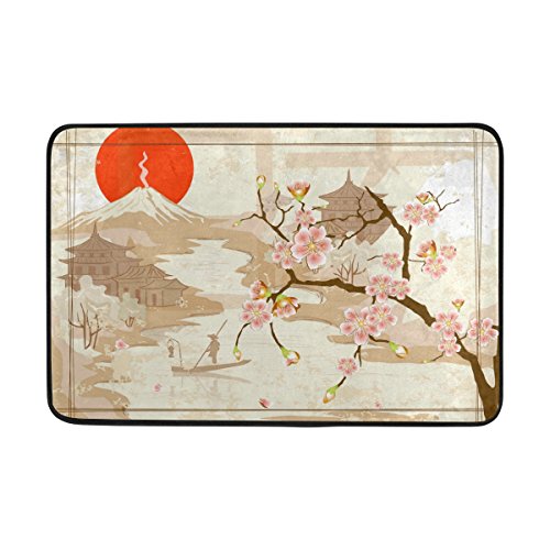 Use7 Fußmatte für den Innen- und Außenbereich, Motiv: japanischer Fischer, Kirschblüten, Sonne, Landschaft, 60 x 40 cm von Use7