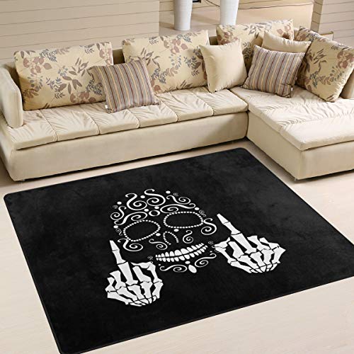 Use7 Mittelfinger-Teppich mit Totenkopf-Motiv, für Wohnzimmer, Schlafzimmer, 203 cm x 147,3 cm, Schwarz von Use7