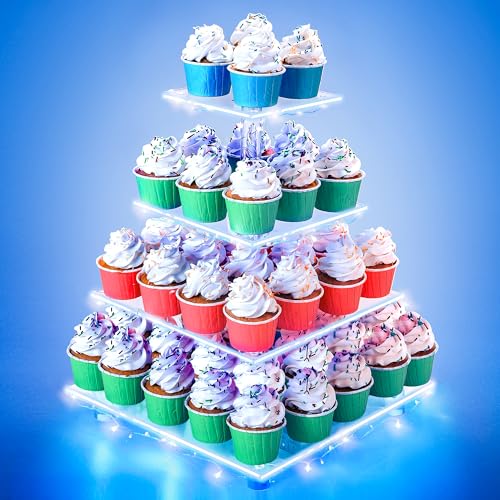 Utopia Home Quadratischer Cupcake-Ständer – Premium-Cupcake-Halter – Acryl-Cupcake-Turm-Display – Cady-Bar-Party-Dekor + LED-Lichterkette – ideal für Hochzeiten, Geburtstagsfeiern (4 Ebenen, Blau) von Utopia Home