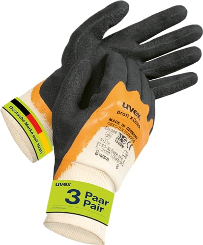 Uvex profi XG20A, 3 Paar - Grip-Handschuh für ölige & fettige Bereiche - abriebfest, flexibel & komfortabel - beige, orange, schwarz - Größe 07/S von Uvex