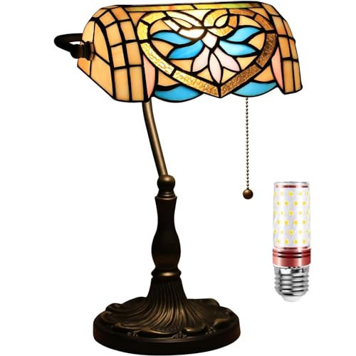 Uziqueif Klassische Bankerlampe Retro, Tiffany tischlampe, tischlampe mit zugschalter, Lampenschirm Glas, Tischleuchte Für Büro, Nachttischlampe von Uziqueif