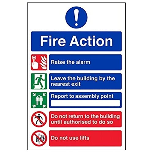 VSafety Schild mit Aufschrift „General Fire Action“ mit 5 Hinweisen (englische Version), Hochformat, 200 mm x 300 mm, 1 mm Hartkunststoff von V Safety