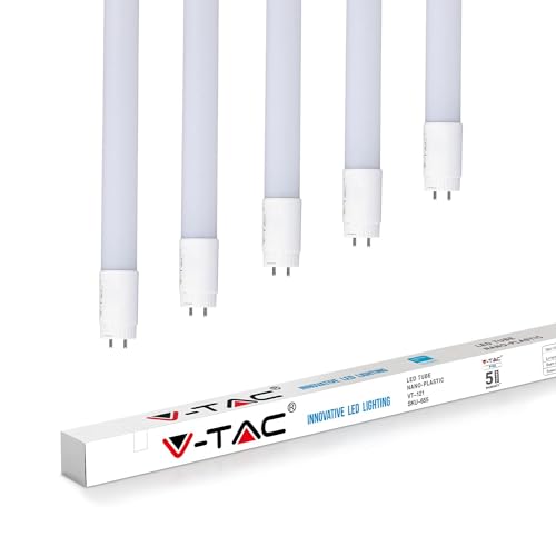 VTAC LED Röhre 120cm, led leuchtstoffröhre 120cm, T8, 18W, 4000 Kelvin, Universalweiß, 180 Grad, homogenes Licht, Glas, langlebig 25.000h, 5 Jahre Garantie, 28mm Durchmesser, 5 Stück von V-TAC