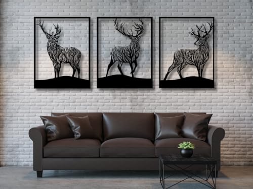 VAILLA ® Hirschkopf Wanddeko, Hirsch Wanddekoration aus Holz, Wandbilder Home Dekoration, 3D Wall Art, Große Wand Deko, Bilder für Schlafzimmer, Wohnzimmer und Büro (3x Hirsch) von VAILLA