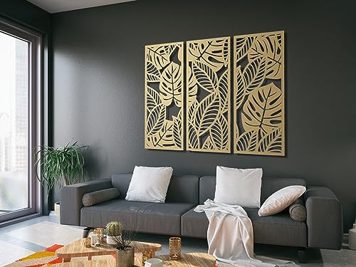 VAILLA ® Palmblätter Bilder, 3D Wanddeko, Tropisches Blätter Dekor, Große 3er-Set Wanddekoration aus Holz, Boho Wohnzimmer Wandbilder, Home Wall Art Dekoration (Tropische Blätter 6) von VAILLA