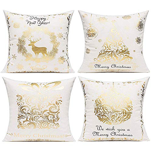 Merry Christmas Gold Samt Dekorative Überwurf-Kissenbezüge Modern Weihnachtsbaum Rentier Schnee Geschenk Kissenbezüge Xmas Urlaub Bronzing Home Decor für Couch Sofa Bett Wohnzimmer 40x40 cm 4er-Set von VAKADO