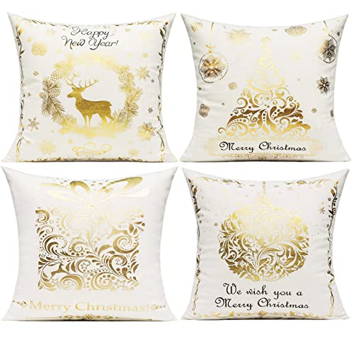 Merry Christmas Gold Samt Dekorative Überwurf-Kissenbezüge Modern Weihnachtsbaum Rentier Schnee Geschenk Kissenbezüge Xmas Urlaub Bronzing Home Decor für Couch Sofa Bett Wohnzimmer 45 x 45cm 4er-Set von VAKADO