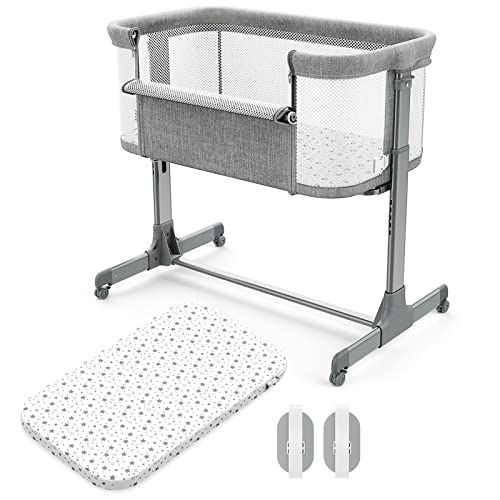 VANCLE Baby Beistellbett Babybett mit weich Matratze, Kinderbett mit Rollen, Verstellbare Höhe Faltbare Babybetten für Zuhause und Unterwegs (Hellgrau) von Vancle