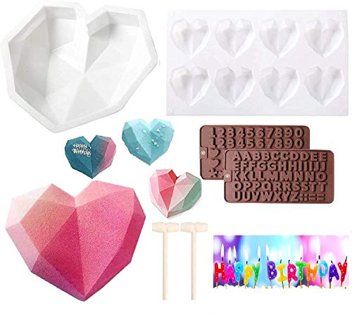 goldmiky Diamant Herz Silikon Kuchenform (6 Stück Kit), Romantische Diamant Liebesform + Hohlräume Herzform Tablett + 2 Schokoladen Buchstabenform + 2 Holzhämmer, Ideal Kuchen DIY Kit von goldmiky