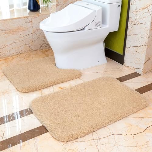 Badematten Set 2 Teilig Rutschfest Badvorleger Set Verdickt Badteppich Badgarnitur Set Weich Flauschige Mikrofaser Badezimmer Teppich Set, 50 x 80cm Badeteppich + 50 x 60cm WC Vorleger (Beige) von VANZAVANZU