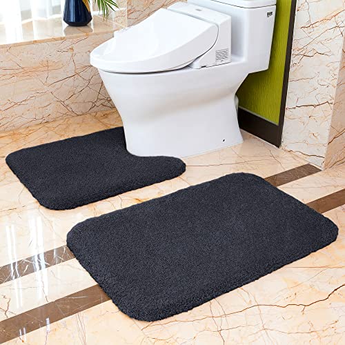 Badematten Set 2 Teilig Rutschfest Badvorleger Set Verdickt Badteppich Badgarnitur Set Weich Flauschige Mikrofaser Badezimmer Teppich Set, 50 x 80cm Badeteppich + 50 x 60cm WC Vorleger (Schwarz) von VANZAVANZU