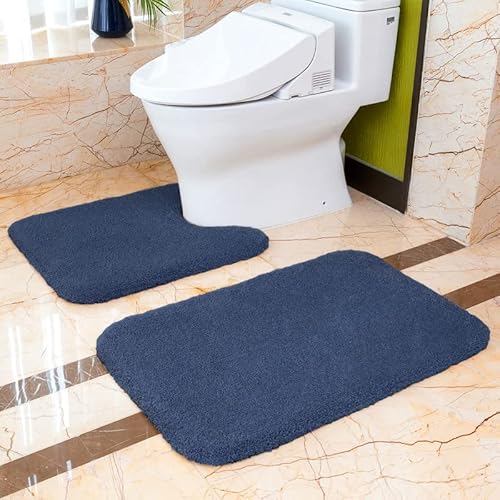 Badematten Set 2 Teilig Rutschfest Badvorleger Set Verdickt Badteppich Badgarnitur Set Weich Flauschige Mikrofaser Badezimmer Teppich Set, 50 x 80cm Badeteppich + 50 x 60cm WC Vorleger (Marineblau) von VANZAVANZU