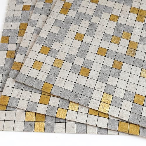 VAOVI Klebefliesen Küche Metall Mosaikfliesen Selbstklebend, Fliesenaufkleber Kleine Quadrate(Grau Gold,5 Stück) von VAOVI