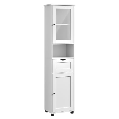 VASAGLE Badezimmerschrank, Badschrank, Hochschrank, offenes Fach, Glastür, schmal, Badezimmermöbel, Badmöbel mit Füßen, höhenverstellbare Ablagen, platzsparend, wolkenweiß BBK163W01 von VASAGLE