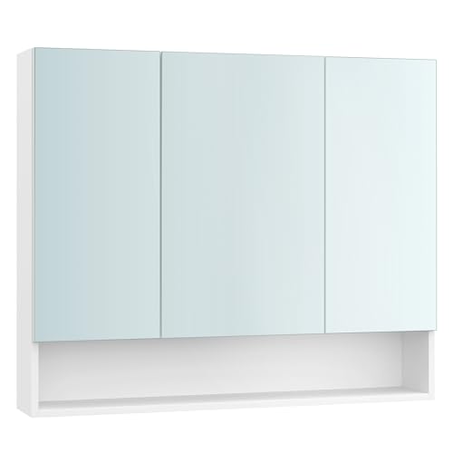 VASAGLE Badezimmerschrank mit 3 Türen, Spiegelschrank, Badschrank, offenes Fach, verstellbare Ablagen, 16,5 x 90 x 75 cm, wolkenweiß BBK130W01 von VASAGLE