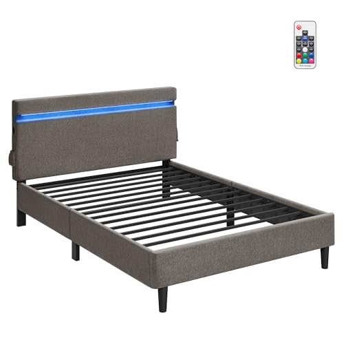 VASAGLE Bett 140 x 200 cm, Gästebett mit LED-Beleuchtung, Doppelbett mit USB- und Type-C Anschluss, Bettgestell, Polsterbett mit Kopfteil, Bettrahmen, modern, dunkelgrau RMB803G71 von VASAGLE