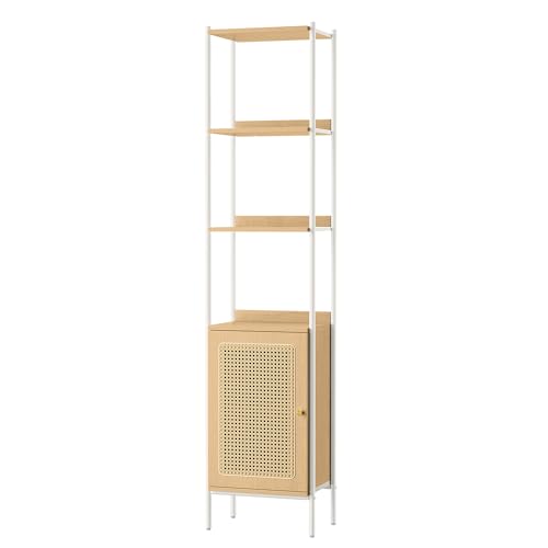 VASAGLE Bücherregal 6 Ebenen, Regal hoch, Standregal, Tür in Rattan-Optik, Boho-Stil, Metallrahmen, Verstellbarer Einlegeboden, für Wohnzimmer, eichenbeige-perlweiß LLS122W57 von VASAGLE