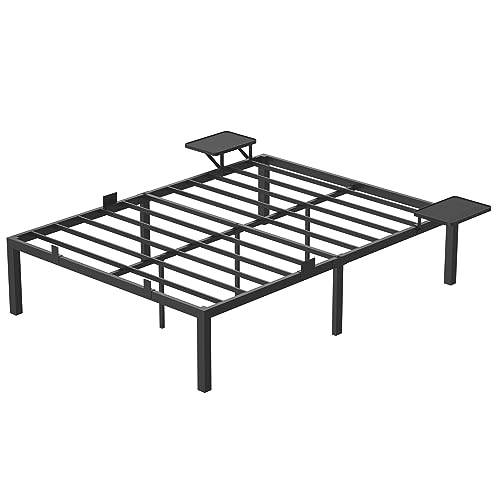 VASAGLE Bett 140 x 190 cm, Gästebett mit Aufbewahrungsregalen, Doppelbett, Bettgestell aus Metall, Bettrahmen, Metallbett, einfache Montage, klassikschwarz RMB093B01 von VASAGLE