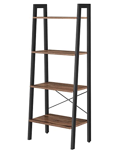 VASAGLE Regal, Bücherregal mit 4 Ebenen, Leiterregal, Standregal, für Wohnzimmer, Schlafzimmer, Küche, Homeoffice, Industrie-Design, Stahlrahmen, Haselnussbraun-schwarz LLS044B03, 56 x 34 x 137.5 cm von VASAGLE