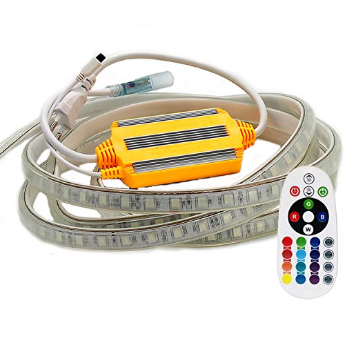 FOLGEMIR 5m RGB LED Strip, 220V dimmbar Streifen, 5050 Farbwechsel Lichtleiste, 60 LEDs/m Led Band, wasserdichte Lichtschlauch mit Trafo & 24-Tasten IR Fernbedienung von FOLGEMIR