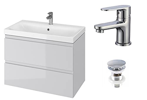 VBChome Badmöbel 80 cm Grau mit Armatur und Pop-up ventil Waschbecken mit Unterschrank Hängeschrank Waschtisch 2-Schubladen Click-Clack VBChome Badmöbel 80 cm Grau mit Armatur und Pop-up ventil Waschbecken mit Unterschrank Hängeschrank Waschtisch 2-Schubladen Click-Clack von VBChome