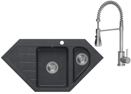 VBChome Eckspülbecken mit Armatur 95x49 cm Schwarz Granit 1,5 Becken 1,5 Abtropffläche Küche Einbauspüle Küchenspüle Gesprenkelt Spülbecken Siphon Armatur VBChome Eckspülbecken mit Armatur 95x49 cm Schwarz Granit 1,5 Becken 1,5 Abtropffläche Küche Einbauspüle Küchenspüle Gesprenkelt Spülbecken Siphon Armatur von VBChome