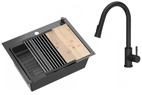 VBChome Edelstahlspüle mit Armatur 58 x 45 cm Schwarz Zubehörset Spender Schneidbrett Rollmatte Faltbarer Abtropfständer Einbauspüle mit Zwei Löcher Groß Becken Siphon VBChome Edelstahlspüle mit Armatur 58 x 45 cm Schwarz Zubehörset Spender Schneidbrett Rollmatte Faltbarer Abtropfständer Einbauspüle mit Zwei Löcher Groß Becken Siphon von VBChome