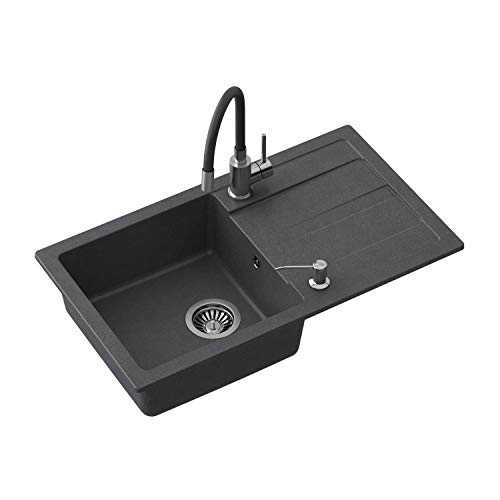 VBChome Spülbecken mit Armatur 77 x 44 cm Schwarz Einzelbecken Einbauspüle Abtroffläche gesprenkelt reversibel Verbundspüle + Siphon Spülmittelspender Armatur VBChome Spülbecken mit Armatur 77 x 44 cm Schwarz Einzelbecken Einbauspüle Abtroffläche gesprenkelt reversibel Verbundspüle + Siphon Spülmittelspender Armatur von VBChome