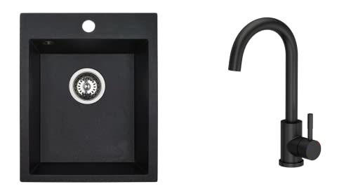 VBChome Spülbecken 48 x 39 cm Einzelbecken Schwarz Granit Rechteckig Einbauspüle Gesprenkelt Großes Tiefes Becken Granitspüle + Siphon + Schwarz Matt Armatur VBChome Spülbecken 48 x 39 cm Einzelbecken Schwarz Granit Rechteckig Einbauspüle Gesprenkelt Großes Tiefes Becken Granitspüle + Siphon + Schwarz Matt Armatur von VBChome