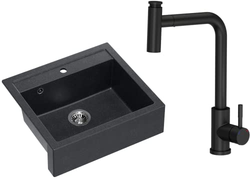 VBChome Spülbecken 60 x 54 cm Bauernhaus-Küchenspüle Einzelbecken Schwarz Granit Rechteckig Einbauspüle Gesprenkelt Großes Tiefes Becken Granitspüle + Siphon + Armatur VBChome Spülbecken 60 x 54 cm Bauernhaus-Küchenspüle Einzelbecken Schwarz Granit Rechteckig Einbauspüle Gesprenkelt Großes Tiefes Becken Granitspüle + Siphon + Armatur von VBChome