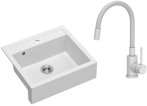 VBChome Spülbecken 60 x 54 cm Bauernhaus-Küchenspüle Einzelbecken Weiß Granit Rechteckig Einbauspüle Gesprenkelt Großes Tiefes Becken Granitspüle + Siphon + Armatur VBChome Spülbecken 60 x 54 cm Bauernhaus-Küchenspüle Einzelbecken Weiß Granit Rechteckig Einbauspüle Gesprenkelt Großes Tiefes Becken Granitspüle + Siphon + Armatur von VBChome