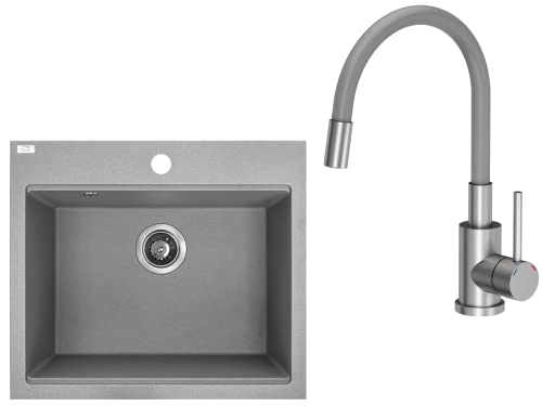 VBChome Spülbecken mit Armatur 57 x 50 cm Einzelbecken grau Granit rechteckig Einbauspüle gesprenkelt großes tiefes Becken Spüle aus Verbundwerkstoff + Siphon + Armatur VBChome Spülbecken mit Armatur 57 x 50 cm Einzelbecken grau Granit rechteckig Einbauspüle gesprenkelt großes tiefes Becken Spüle aus Verbundwerkstoff + Siphon + Armatur von VBChome