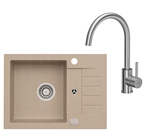 VBChome Spüle Beige 58 x 42 cm mit Spültischarmatur Granit Einzelbecken Einbauspüle gesprenkelt reversibel Verbundspüle + Siphon Wasserhahn Einhebel VBChome Spüle Beige 58 x 42 cm mit Spültischarmatur Granit Einzelbecken Einbauspüle gesprenkelt reversibel Verbundspüle + Siphon Wasserhahn Einhebel von VBChome
