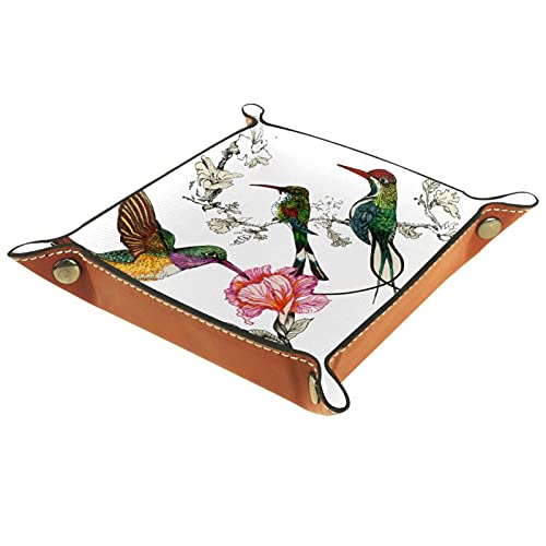 Lederdiener-Tablett, Würfeltablett, zusammenklappbarer quadratischer Halter, Kommode-Organizer-Platte für Kleingeldschlüssel,Kolibri Blumen Retro Frühling von VBFOFBV