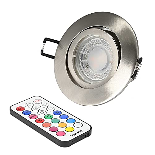 VBLED® Einbaustrahler Set mit 7W RGB+W Spot Leuchtmittel,12V AC/DC, MR16/GU5.3 Fassung Dimmbar inkl. Fernbedienung und Einbaurahmen in silber Optik gebürstet rund schwenkbar… von VBLED