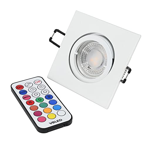 VBLED® Einbaustrahler Set mit 7W RGB+W Spot Leuchtmittel,12V AC/DC, MR16/GU5.3 Fassung Dimmbar inkl. Fernbedienung und Einbaurahmen in weiß eckig schwenkbar… von VBLED