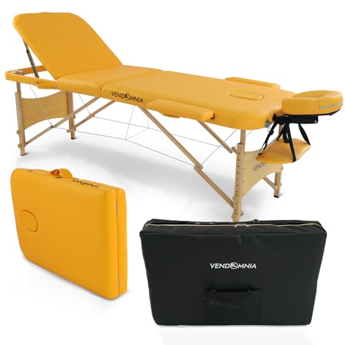 VENDOMNIA Mobile Massageliege - Holzfüße mit 3 Zonen höhenverstellbar inkl. hochwertiger Kopfstütze Tasche Armlehnen - Farbwahl Klappbar, Massagetisch Massagebett Massagebank Behandlungsliege von VENDOMNIA