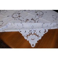 S12 Antike Handgemachte Leinen Tischdecke W/Hellblaue Richelieu Stickerei 116x116 cm von VENTALIA