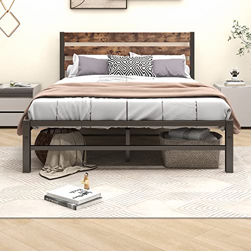 VERFARM Modern Metallbett Bettrahmen, Metall Bett Bettrahmen mit Holz Kopfteil, Bettgestelle mit Lattenrost für Schlafzimmer Gästezimmer, Einfache Montage, 120 x 200 cm, Schwarz-Braun von VERFARM