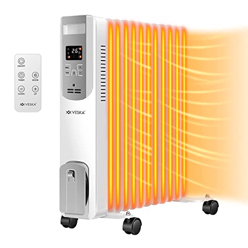 Ölradiator 2500W Elektro Heizkörper mit LCD-Display und Fernbedienung, 12h-Timer, Thermostat, Abschaltautomatik, Überhitzungsschutz Mobile Elektroheizung 2500 Watt (weiß) von VESKA