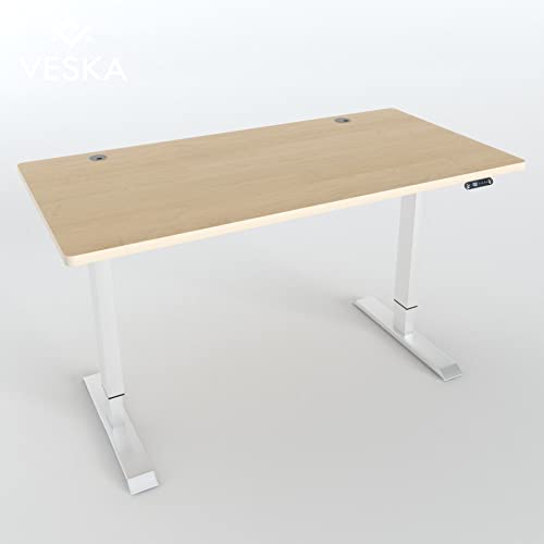 VESKA Höhenverstellbarer Schreibtisch (140 x 70 cm) - Sitz- & Stehpult - Bürotisch Elektrisch Höhenverstellbar mit Touchscreen & Stahlfüßen (Weiß/Bambus) von VESKA