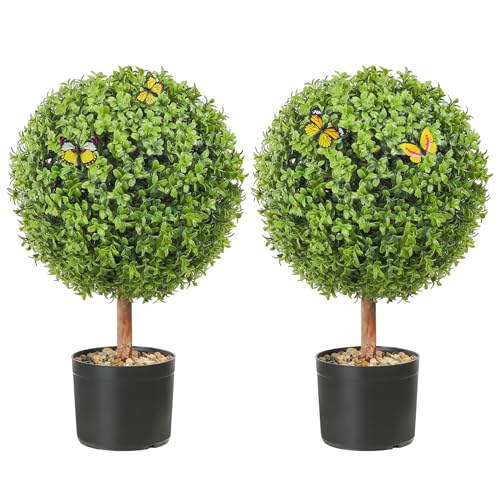 VEVOR 2X Buchsbaumkugel Künstlich Ø40,6cm Garten Deko Buchsbaum im Blumentopf Kugel künstlich Buchskugel Kunstpflanze aus PE, Holz, PP inkl. 4 STK. Dekorative Schmetterlinge und 10 STK. Ersatzblätter von VEVOR