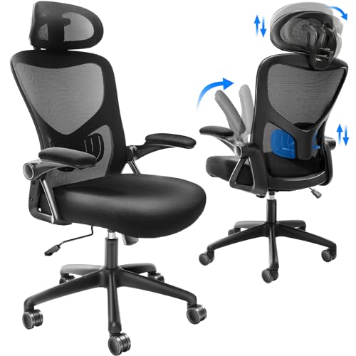 VEVOR Bürostuhl Ergonomisch, Schreibtischstuhl mit Verstellbarer Kopfstütze 60 mm, mit Armlehnen Lendenwirbelstütze, Drehstuhl Wippfunktion, Chefsessel aus Mesh, Rückenschonend, Bürostuhl 130 kg von VEVOR