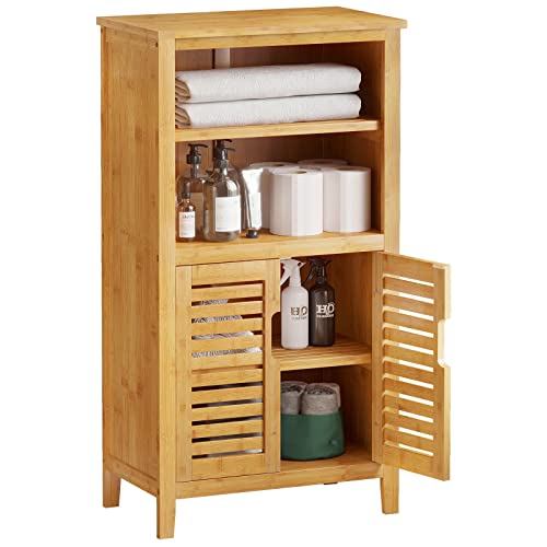 VIAGDO Badezimmerschrank Bambus, Badschrank mit 2 offenen Fächern und 2 Lamellentüren, Küchenschrank, multifunktional Schrank für Badezimmer, Wohnzimmer, Küche, Flur, 50 x 92,3 x 29 cm (B x H x T) von VIAGDO