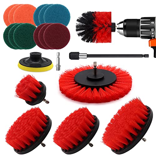 VIBRATITE Bürstenaufsatz Bohrmaschine Set, 20 Stück Bürstenaufsatz Akkuschrauber Bürste Reinigungsbürste Felgenbürste Scrubber Reinigung Kit, Power Scrubber für Bad, Felgen & Polster, Rot von VIBRATITE