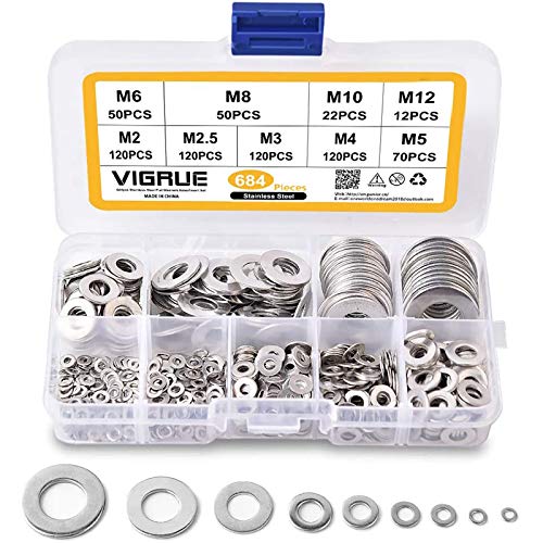 Flach Unterlegscheiben - VIGRUE 684 Stück Beilagscheiben 9 Größen A2-70 Edelstahl Flach und Sicherungsscheiben Sortiment Set (M2 M2.5 M3 M4 M5 M6 M8 M10 M12) von VIGRUE