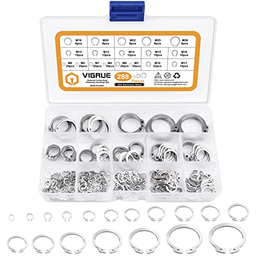 VIGRUE 288tlg Sprengring Sortiment Sicherungsring Set 18 Größe Edelstahl E-Clip Externe Haltering Externes C-Clips Geteilte Schnallen Unterlegscheiben, M4-M26 mit Kunststoffbox von VIGRUE